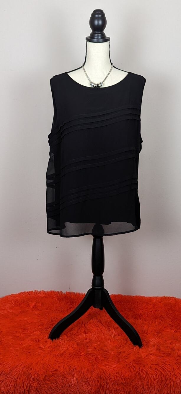 Avenue Black Sheer Lined Round Neck Wavy Pattern Sleeveless Blouse Top 18/20